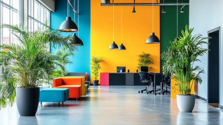 A vibrant modern office interior featuring colorful walls and lush indoor plants. Bright seating arrangements and an organized workspace create an inviting atmosphere.の素材