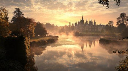 A breathtaking autumn sunrise casts a warm glow over a tranquil river, reflecting a gothic castle silhouette amidst a serene landscape, enveloped in morning mist.の素材