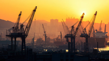 A stunning sunset illuminates an industrial harbor, showcasing silhouetted cranes and ships. The scene captures the essence of maritime activity and urban infrastructure.の素材