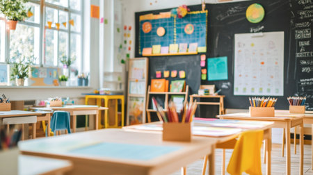 A vibrant classroom filled with colorful decorations and supplies, featuring desks and chairs arranged for learning and creativity in an inviting educational environment.の素材
