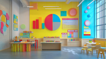 A vibrant and playful classroom interior featuring bright colors, engaging decorations, and organized learning tools, perfect for inspiring creativity and study.の素材