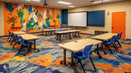 A vibrant classroom featuring modern furniture and a striking art mural. The colorful design promotes a creative learning atmosphere for students.の素材