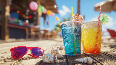 Enjoy a vibrant composition of colorful cocktails on a wooden deck, accompanied by sunglasses and seashells, perfect for a cheerful summer atmosphere.の素材
