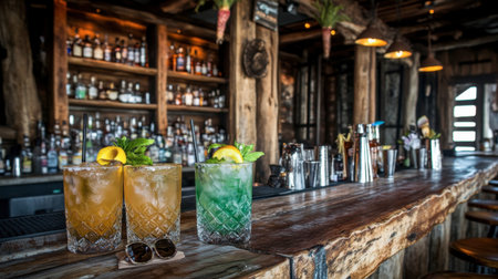 Three colorful cocktails sit on a rustic wooden bar, featuring ice, fresh mint, and lemon slices. This vibrant setting captures a tropical and refreshing ambiance.の素材