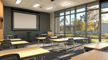 A bright and modern classroom featuring large windows that bring in natural light, ideal for effective teaching and learning experiences in educational settings.の素材
