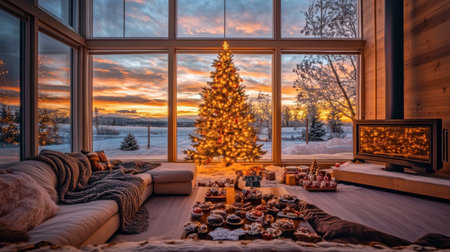 A cozy winter living room adorned with a beautifully decorated tree, surrounded by festive treats and a stunning sunset view through large windows.の素材