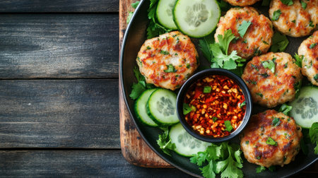 Savor the enticing flavors of grilled patties served with fresh cucumber slices and a spicy dipping sauce, perfect for any occasion.の素材