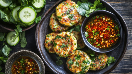 A vibrant plate of crispy herb-filled patties served with a spicy dipping sauce and fresh cucumber slices, perfect for a flavorful appetizer or snack.の素材
