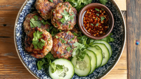Enjoy a plate of delicious herb-infused meat patties served with fresh cucumber slices and flavorful dipping sauce, perfect for any meal or occasion.の素材