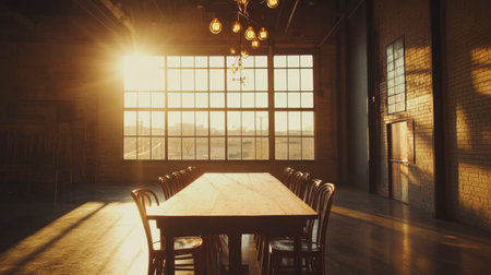 This stunning conference room features a long wooden table illuminated by warm sunlight streaming through large windows, creating an inviting and tranquil atmosphere perfect for meetings or gatherings.の素材