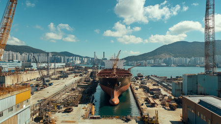 An expansive view of a large cargo ship in a bustling shipyard, surrounded by cranes and industrial structures, showcasing maritime activities against a mountainous backdrop.の素材