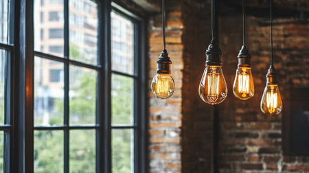 This image showcases vintage Edison light bulbs hanging in a rustic industrial space, highlighting a warm ambiance and stylish design elements. Perfect for decor inspiration.の素材