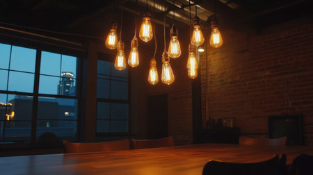 This image showcases a cozy industrial dining space illuminated by vintage Edison bulbs, creating a warm and inviting atmosphere perfect for gatherings.の素材