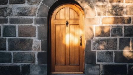 This image features a charming arched wooden door nestled in a rustic stone wall, bathed in gentle sunlight, creating a warm and inviting atmosphere.の素材