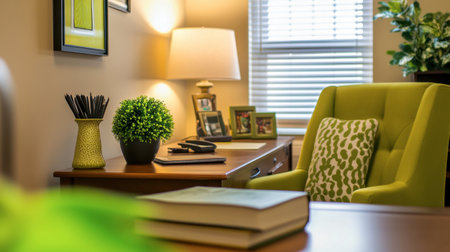 A cozy home office featuring a green accent chair, desk with decor, and natural light flooding in. Ideal for creativity and productivity in a peaceful setting.の素材