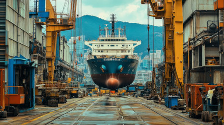 A large cargo ship stands in a shipyard under construction, surrounded by cranes and industrial equipment, showcasing maritime operations and engineering.の素材