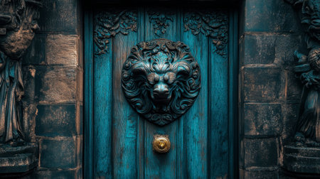 A captivating vintage door featuring a detailed lion head knocker and an aged blue finish, showcasing exquisite craftsmanship and historic charm, perfect for architectural themes.の素材