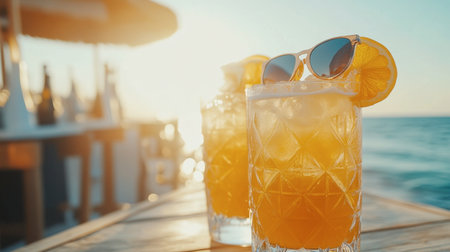 Enjoy two refreshing cocktails with citrus garnishes, set against a stunning sunset glow over the beach. Perfect for summer relaxation and leisure.の素材
