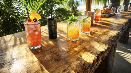 A vibrant setup of refreshing tropical cocktails on a rustic wooden bar by the beach, surrounded by lush palm trees, perfect for summer relaxation.の素材