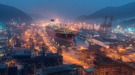 A stunning night view of a bustling shipyard, showcasing large vessels, towering cranes, and sparkling lights illuminating the industrial landscape.の素材