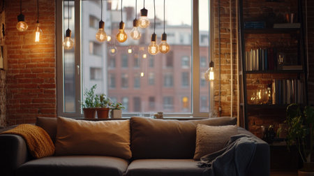 A cozy living room scene featuring warm lighting, a comfortable sofa, and a stunning urban view through a window, creating a tranquil atmosphere at dusk.の素材