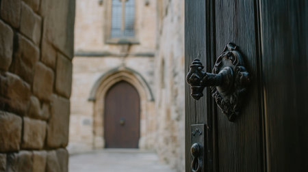 This image captures an ornate door handle set against a blurred historical building, highlighting intricate craftsmanship and architectural beauty. Perfect for concepts of history and travel.の素材