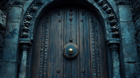 This image features an ornate vintage door made of wood, surrounded by intricate stone detailing. The door showcases unique craftsmanship and historical charm.の素材