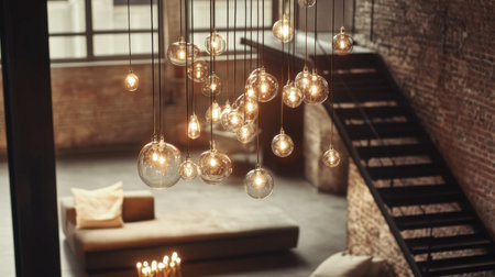 A stunning view of a modern industrial loft showcasing unique hanging light fixtures. The warm ambiance enhances the stylish interior design, inviting creativity.の素材