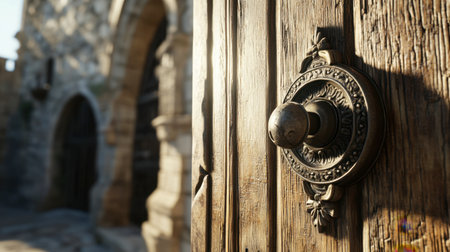 Close-up view of a vintage door handle on a rustic wooden door, highlighting intricate details. This image captures the charm of historical architecture and craftsmanship.の素材