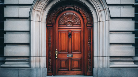 A beautifully crafted wooden door, showcasing intricate designs and an elegant archway. This photograph captures the essence of architectural beauty and vintage charm.の素材