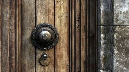 A beautifully worn wooden door featuring an ornate metal knob, showcasing intricate details and textures. This vintage piece adds character to any setting.の素材