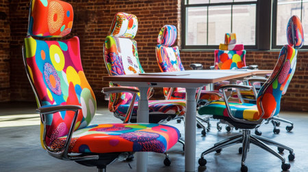A vibrant array of modern office chairs enhances a stylish workspace, showcasing colorful patterns that inspire creativity and collaboration in a professional setting.の素材