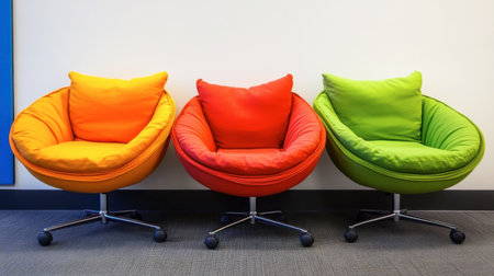 A trio of vibrant round chairs in orange, red, and green creates a cheerful accent in a modern interior, perfect for casual lounging and relaxation.の素材