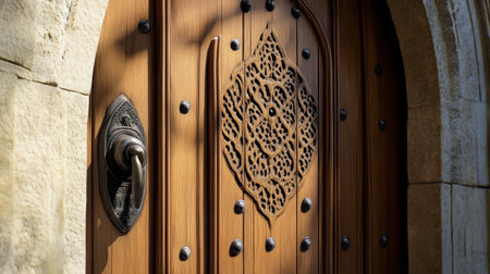 This image showcases an ornate wooden door featuring intricate carvings and a unique handle. The detailed craftsmanship highlights a blend of tradition and artistry.の素材