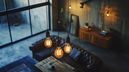 A cozy interior featuring vintage light bulbs hanging elegantly above a stylish sofa. This modern living space blends industrial design with warm ambiance, creating an inviting atmosphere.の素材
