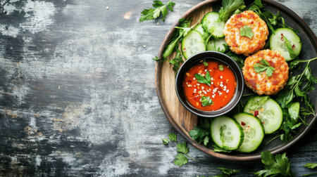 A vibrant and enticing image featuring freshly prepared vegetable patties served with a rich dipping sauce and cool cucumber slices, garnished with herbs.の素材