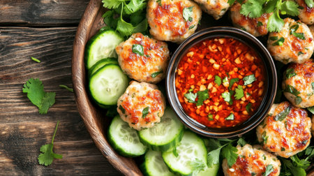 A tempting display of savory meatballs surrounded by fresh cucumbers and served with a spicy red sauce, perfect for sharing at any meal or gathering.の素材