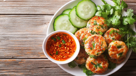 Savory fish patties served with fresh cucumber slices and a spicy dipping sauce. Perfect for a healthy meal or appetizer, bursting with flavor and freshness.の素材
