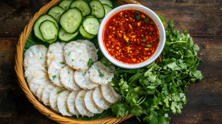 A vibrant Thai snack platter featuring rice cakes, fresh cucumbers, a rich dipping sauce, and herb garnish, perfect for gatherings or light meals.の素材