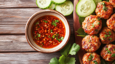 Enjoy a vibrant plate of delicious Thai meatballs alongside a spicy dipping sauce and fresh cucumber slices, perfect for a tasty appetizer or snack.の素材