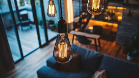 A cozy modern living room featuring stylish pendant light fixtures casting a warm glow. The inviting space blends contemporary design with comfort for relaxation.の素材
