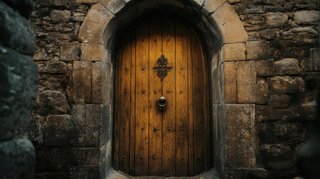 A stunning wooden door set against a rugged stone wall, showcasing intricate details and a warm, inviting feel. Perfect for architectural and rustic themes.の素材