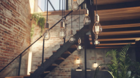 Discover a captivating modern loft interior featuring stylish pendant lights. The warm glow enhances the rustic charm of brick walls and wooden stairs.の素材