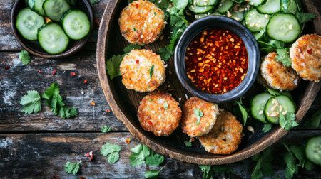 A vibrant wooden platter showcases crispy vegetable patties accompanied by fresh cucumbers and a spicy dipping sauce, perfect for sharing.の素材