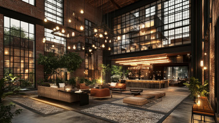 This image showcases a stylish modern lobby featuring cozy seating, warm lighting, and lush plants, creating a welcoming and elegant atmosphere for guests.の素材