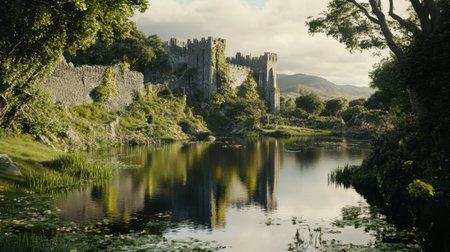 A tranquil scene featuring an ancient castle's ruins by a serene lake, surrounded by lush greenery and mountains, evoking a sense of peace and natural beauty.の素材