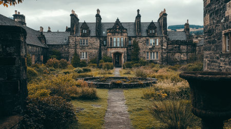 A captivating image of an abandoned stone mansion enveloped by overgrown gardens, showcasing its historic architecture and tranquil yet eerie atmosphere.の素材