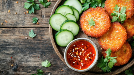 This vibrant image showcases crispy fried snacks arranged on a wooden plate, accompanied by fresh cucumber slices and a spicy dipping sauce, perfect for sharing.の素材