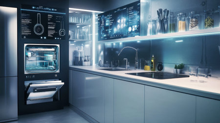 Explore a contemporary kitchen featuring advanced smart technology and sleek appliances, blending style and functionality for the modern home chef.の素材