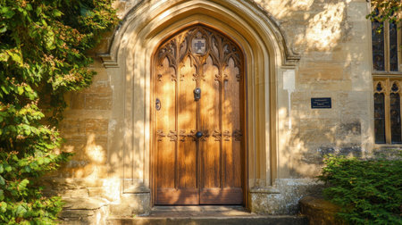This image features an ornate wooden door with intricate Gothic details, surrounded by stone architecture and natural light, creating a serene atmosphere.の素材